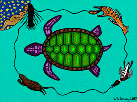 A painting of a turtle and other animals

Description automatically generated