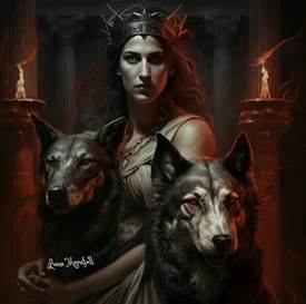 Image of a woman and two wolves