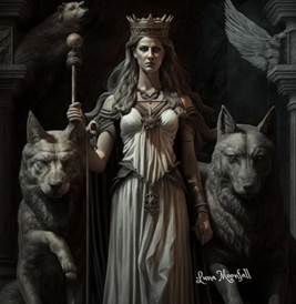 Black and white image of a crowned woman holding a scepter and flanked by two wolves