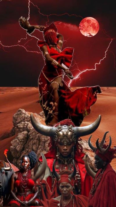 African women in red dresses and wearing horns