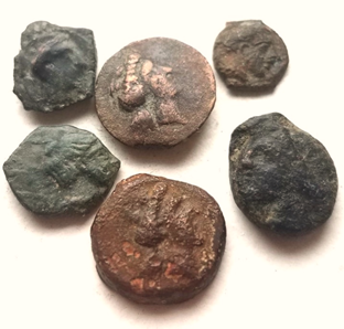 Figure iv Ancient coins from Erice showing the Goddess' face. Various dates. Author's private collection