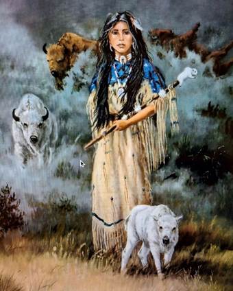 Image of a woman dressed in buckskin surrounded by buffalo 